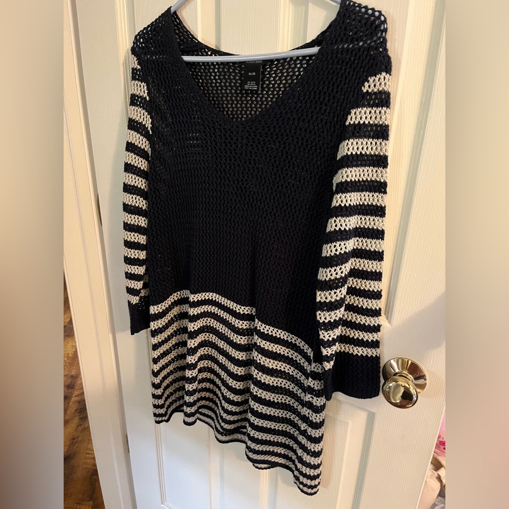 Navy blue white crochet striped sweater
